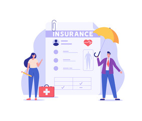 Medical insurance. Concept of health insurance and life insurance. Protection of health and life of people with document of insurance. Healthcare and medical service. Vector illustration in flat