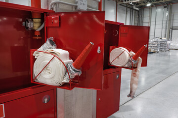fire safety in the warehouse. new fire hydrants. red box. fire protection system for the industry.