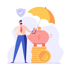 Financial insurance. People saving money and protecting bank deposit. Safety investment. Concept of money protection, guarantee. Financial saving insurance. Vector illustration in flat design