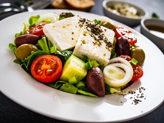 Fresh Greek salad - feta cheese, tomatoes, cucumber, lettuce, black olives and onion on wooden table
