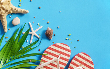 Tropical beach blue flat lay background