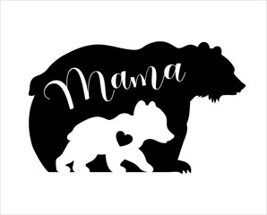 Mama bear and baby bear silhouettes with heart. Kids poster for nursery. Mother's Day card. Bear family isolated on white background. Cute baby illustration.Animals and cub.