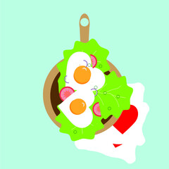 Breakfast. Vector illustration. Illustration of a fried egg. Green onions, salad.