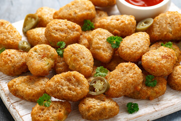 Crispy Jalapeno Popper with creamy cheese battered on white wooden board