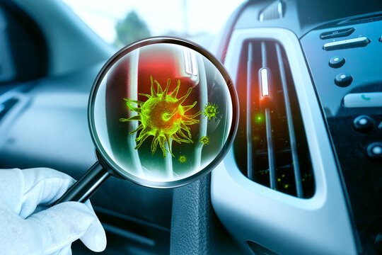 3D simulation of viruses inside the Car ventilation system by showing through a magnifying glass.