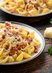 Classic Pasta carbonara with bacon, egg, cream, black pepper and Parmesan Cheese on plate. Italian food