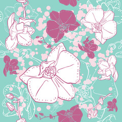 Blue seamless pattern with orchid flowers