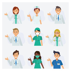 Set of medical staff ,doctor and nurse , who guides customers, give advice, welcome.Flat Vector cartoon character illustration.