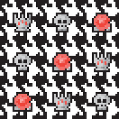 Houndstooth pattern with crowns, roses and skulls