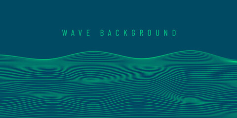 Abstract futuristic green wave science, technology banner with glowing line grid on green dark blue background. Modern tech design. Vector illustration.