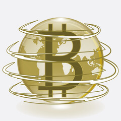 Fototapeta na wymiar Cryptocurrency payments. Bitcoin symbol, globe with geometric design - isolated - vector. Symbol, logo illustration.