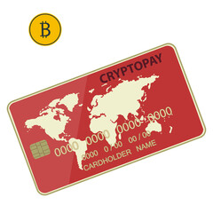 Cryptocurrency payment card with world map symbol - isolated - vector. Business logo.