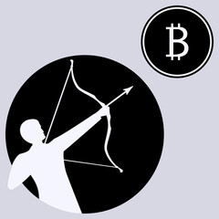 Businessman aiming bow at bitcoin target - isolated - vector. Business logo. Cryptocurrency payments