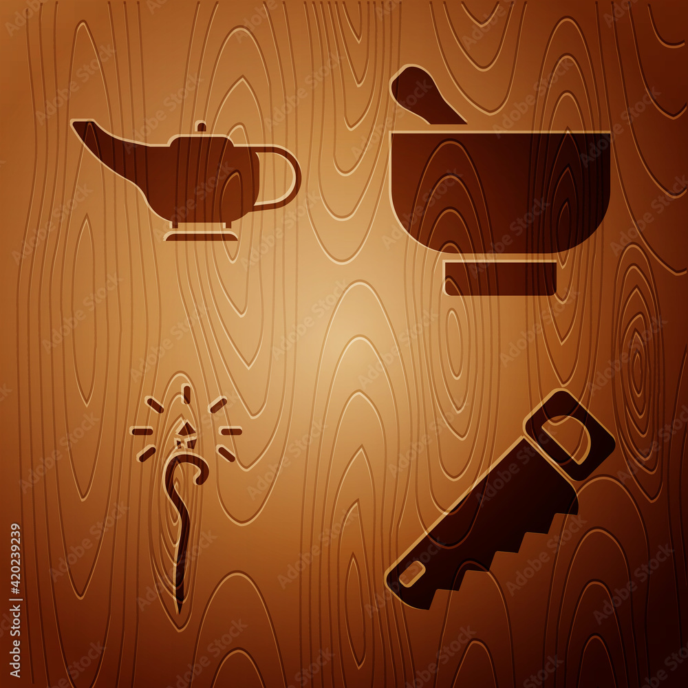 Sticker Set Hand saw, Magic lamp or Aladdin, Magic staff and Magic mortar and pestle on wooden background. Vector