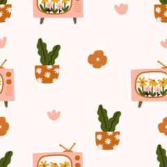 Scandinavian house plant with daisies flowers pot and floral retro tv seamless pattern background.