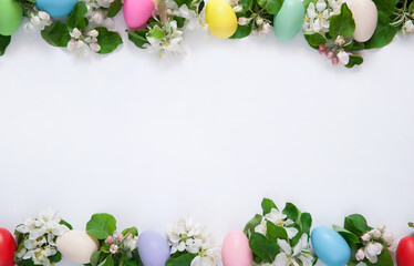 Fototapeta na wymiar Easter composition. A frame of green leaves and pink-and-white apple blossoms and multicolored eggs on a white background. Happy Easter Holidays. Top view. Free space.
