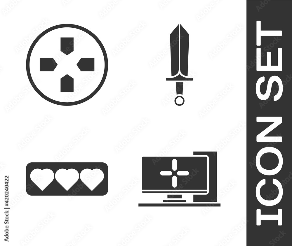 Aufkleber set computer monitor, gamepad, like and heart and sword for game icon. vector