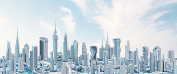 Fototapeta na wymiar 3D Render of futuristic modern capital city with skyscrapers and beautiful sky. Future happy city concept, business and residential idea 