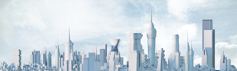 3D Render of futuristic modern capital city with skyscrapers and beautiful sky. Future happy city concept, business and residential idea 