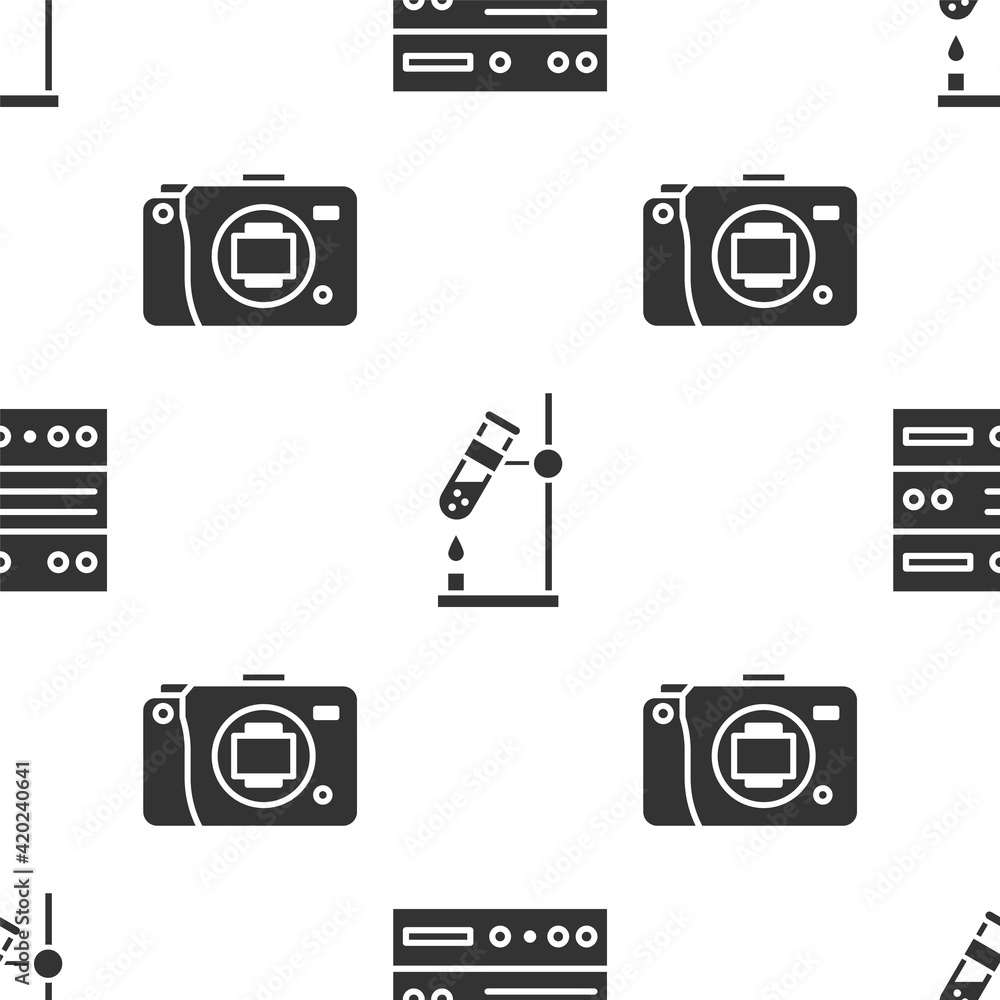 Poster set server, data, web hosting, test tube flask on fire and mirrorless camera on seamless pattern. ve