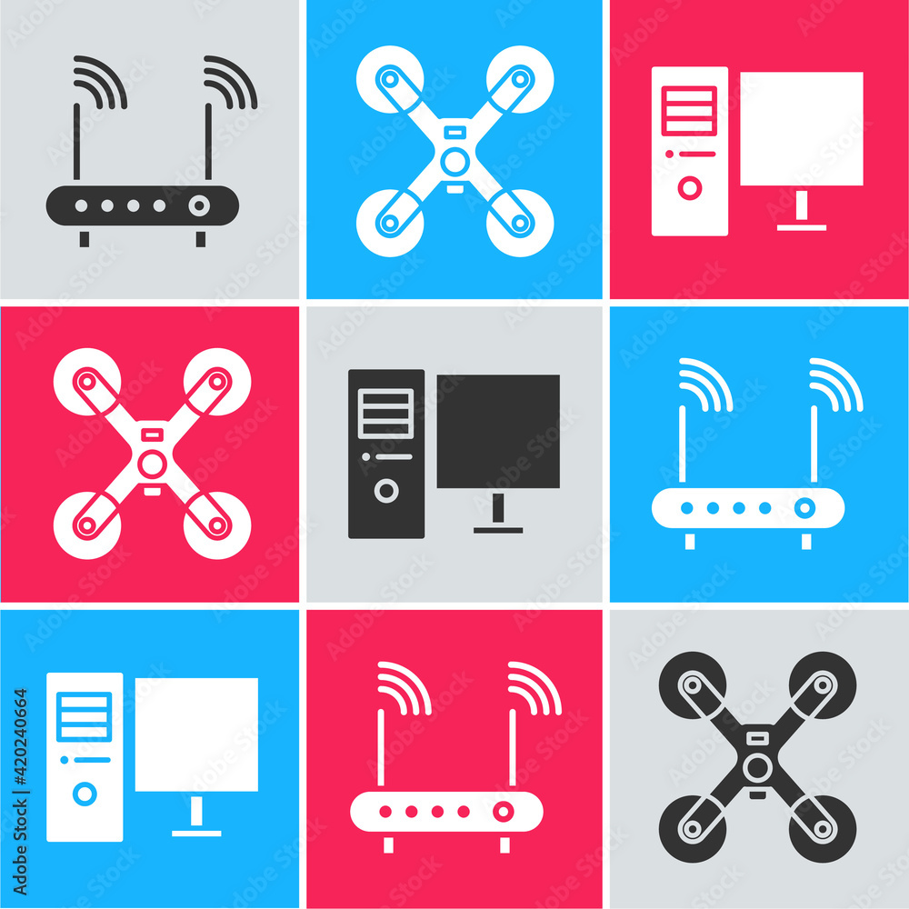 Poster set router and wi-fi signal, drone flying and computer monitor icon. vector