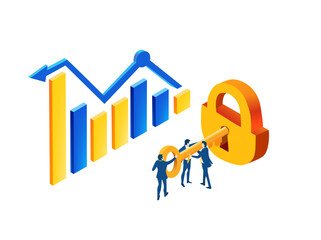 Isometric 3D business concept environment,  Business people, bankers trying open a big golden lock. Developing banking application, technical support, advisory and security 