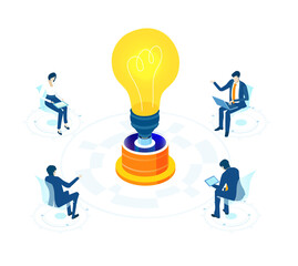 Isometric 3D business concept environment,  Business people talking and negotiating around big light bulb. Talking, communication, slowing the problems, start up, support and developing projects. 