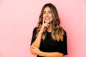 Young caucasian woman isolated smiling happy and confident, touching chin with hand.