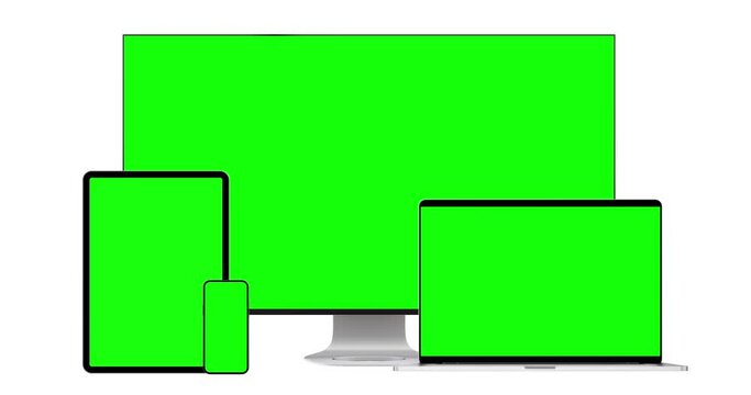 Computer, Laptop, Tablet, and Smartphone with blank green screen slide in the camera frame. Mockup with electronic devices.