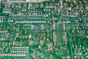 The reverse side of the electronic board with printed wires