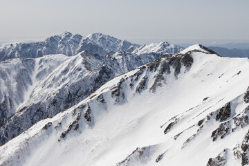 ２月の雪深い千畳敷カール南斜面を乗越浄土より撮影