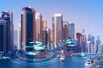 Skyscrapers of Dubai business downtown. International hub of trading and financial services....