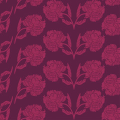 Vector seamless pattern with pink peonies on burgundy background. Silhouettes of vivid flowers, repetitive pattern.