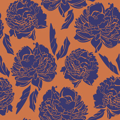 Vector seamless pattern with blue peonies on orange background. Contrast pattern.