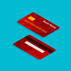 Vector isometric credit card front and back view. Bank cards template. Online payment. Cash withdrawal.