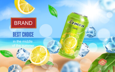 Lemon drink aluminium can with ice cubes on ocean beach. Lemon slice and tropical leaf. Realistic. Vector