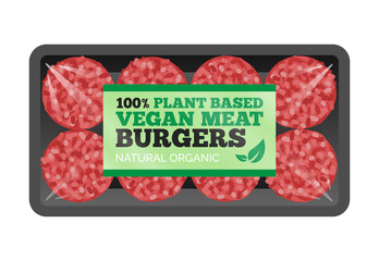 plant based vegan burger patties package in transparent foam tray isolated on white background