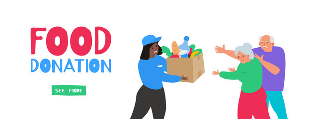 food donation volunteer with grocery products box and senior couple man and woman vector illustration