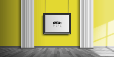 blank picture frame on the yellow wall empty interior room with columns sun light effect vector illustration