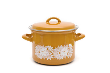 One orange vintage enamel Pot isolated on a white background.