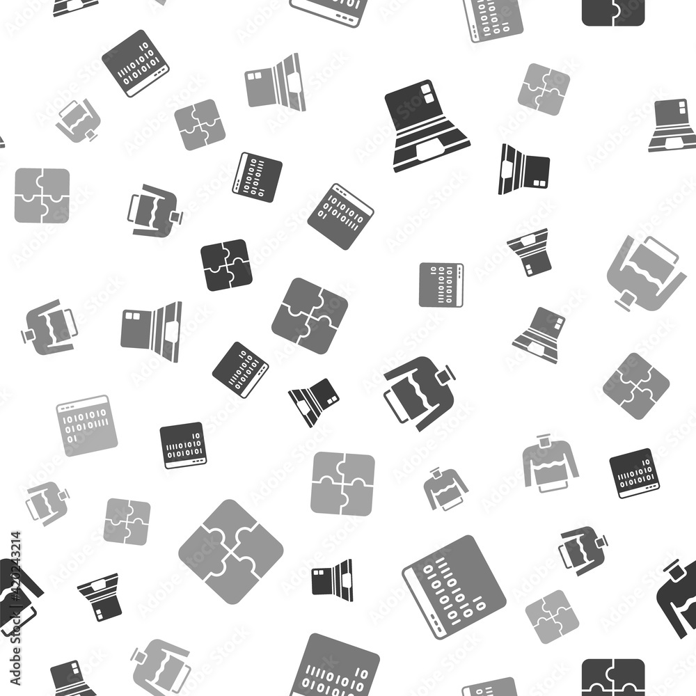 Poster set laptop, binary code, sweater and piece of puzzle on seamless pattern. vector