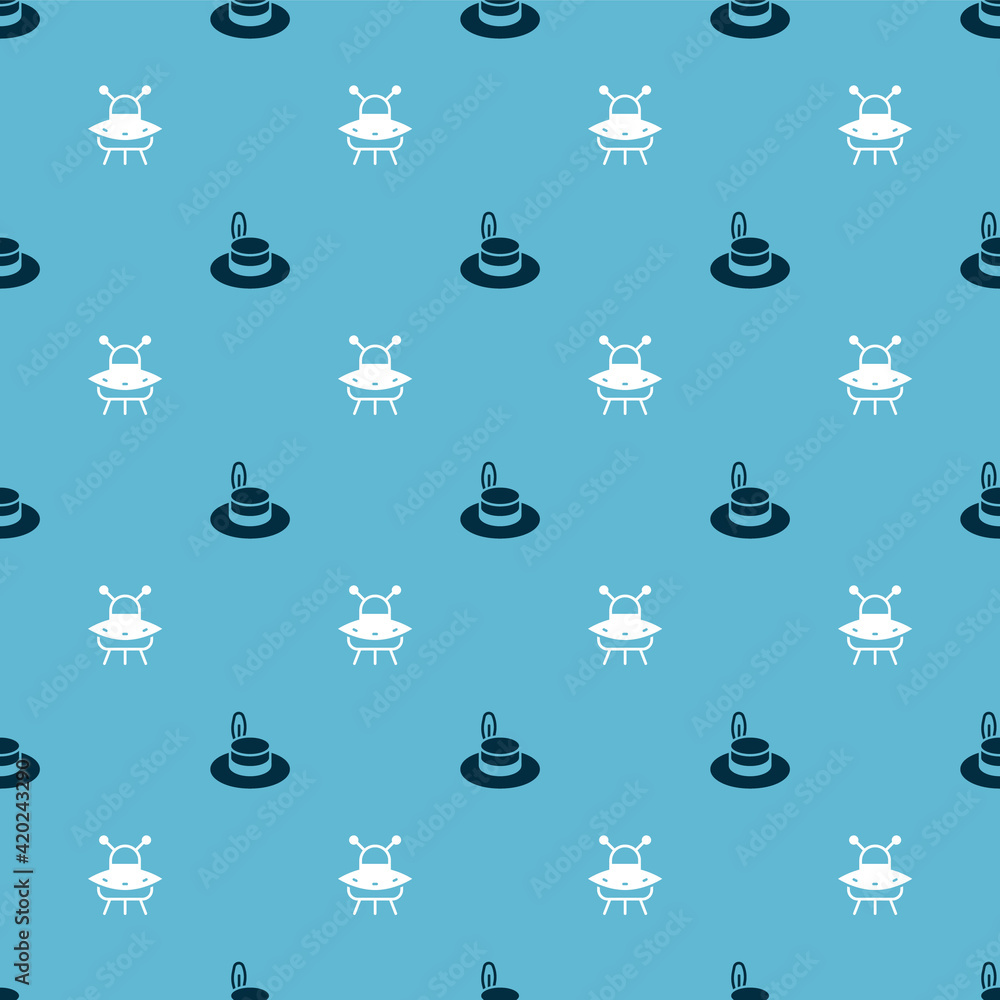 Aufkleber set man hat and ufo flying spaceship on seamless pattern. vector