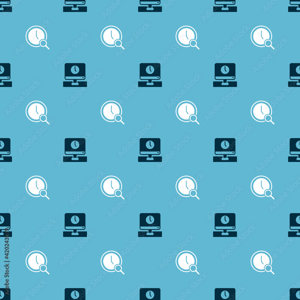 Poster set monitor time and magnifying glass with clock on seamless pattern. vector