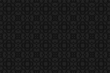 Volumetric composition with 3D effect of a convex shape. Black geometric background with ethnic relief elements. Ornament for wrapping paper, wallpaper.