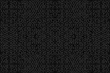 Volumetric composition with 3D effect. Black geometric background with ethnic relief elements and convex lines.