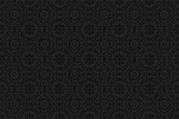 Volumetric composition with a 3D effect of a convex shape. Black geometric background with an openwork abstract pattern. Ethnic relief ornament.