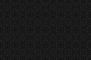 Volumetric composition with 3D effect of a convex shape. Black geometric background with openwork stylized flowers, ethnic elements. Embossed ornament.