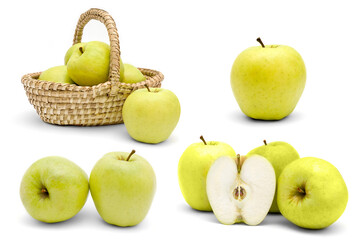 Beautiful Set of ripe Juicy golden delicious apples  isolated on a white background