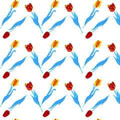Template. Red orange tulips on a white background. Factory textiles. Blue.
