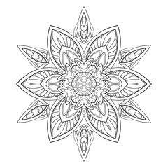 Decorative mandala with floral and striped patterns on white isolated background. For coloring book pages.